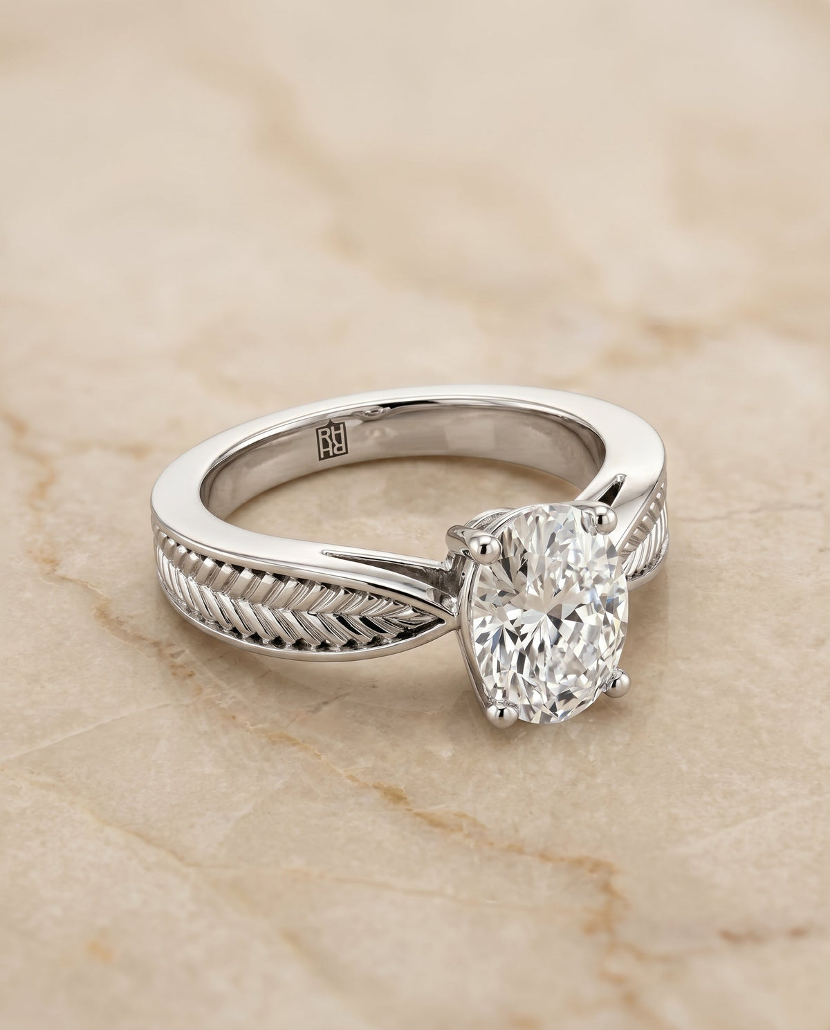 Roberta Select Solitaire Oval Lab Diamond Engagement Ring in 18K White Gold, shown on hand, angled | RockHer