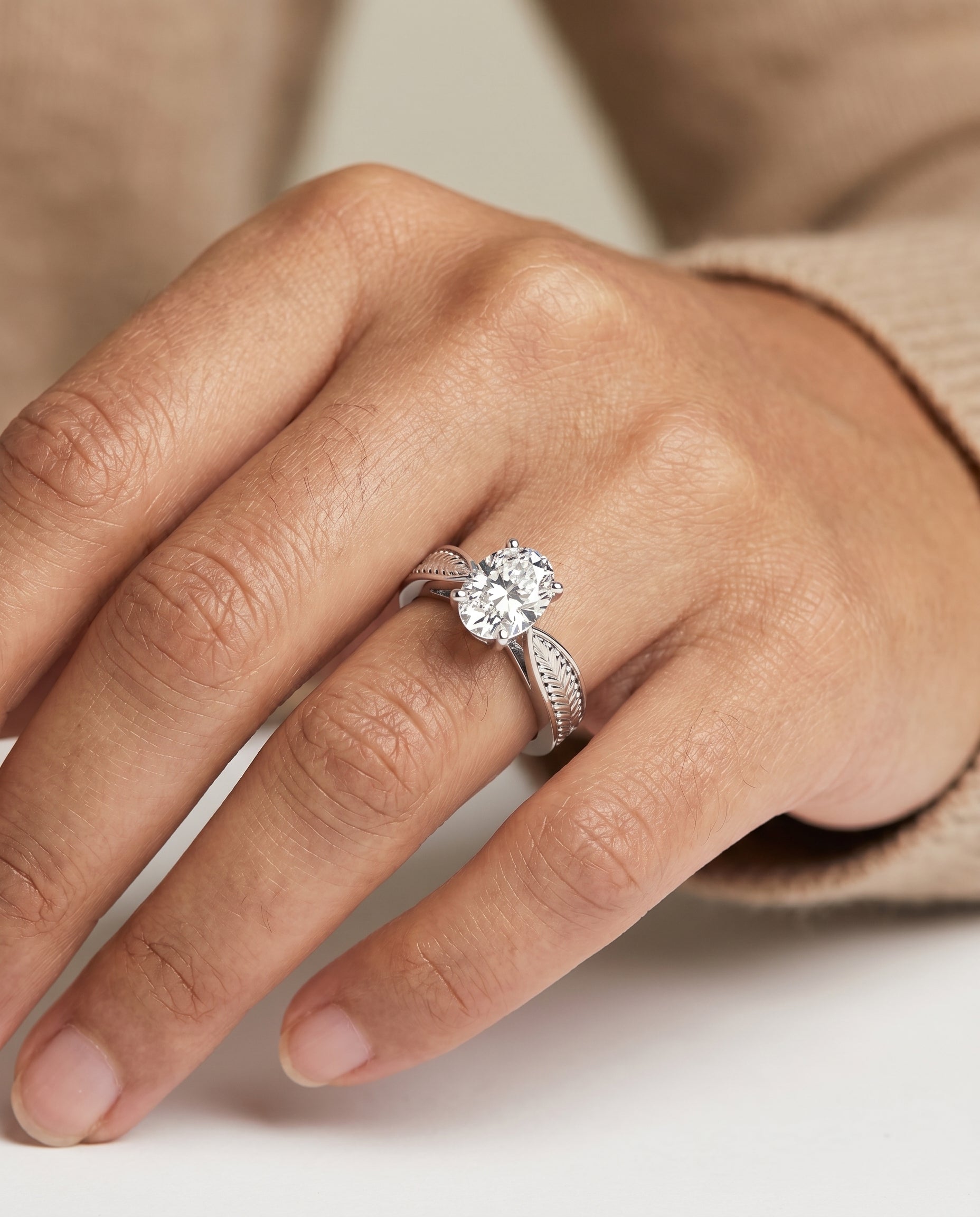 The Roberta engagement ring setting in Platinum, vintage leaf pattern solitaire design | RockHer