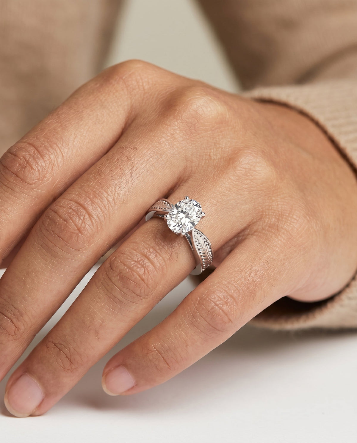 Roberta Select Solitaire Oval Lab Diamond Engagement Ring in 18K White Gold, shown on hand | RockHer