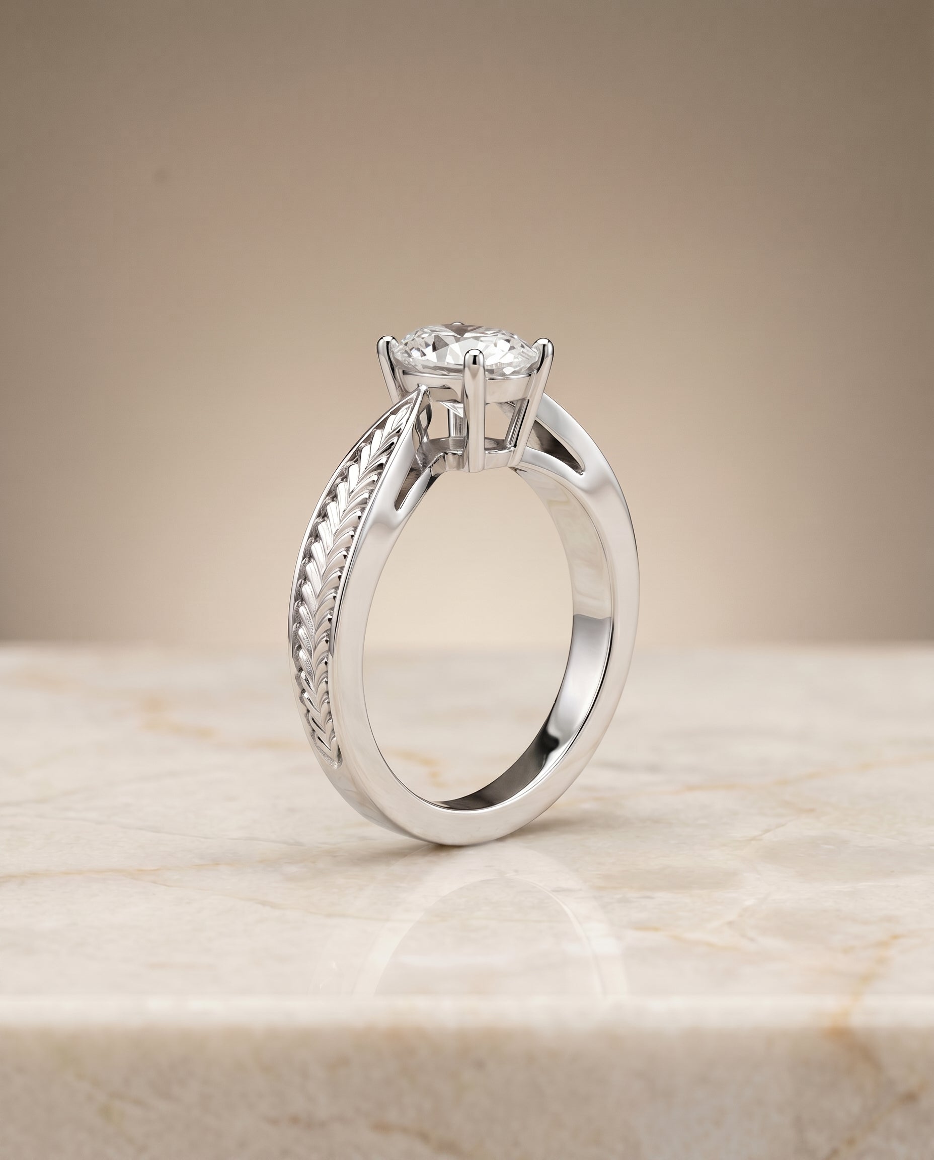 Vintage Leaf Pattern Solitaire styling on The Roberta oval engagement ring setting | RockHer