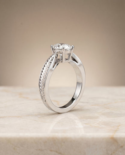 The Roberta Vintage Leaf Pattern Solitaire Oval Engagement Ring Setting in Platinum
