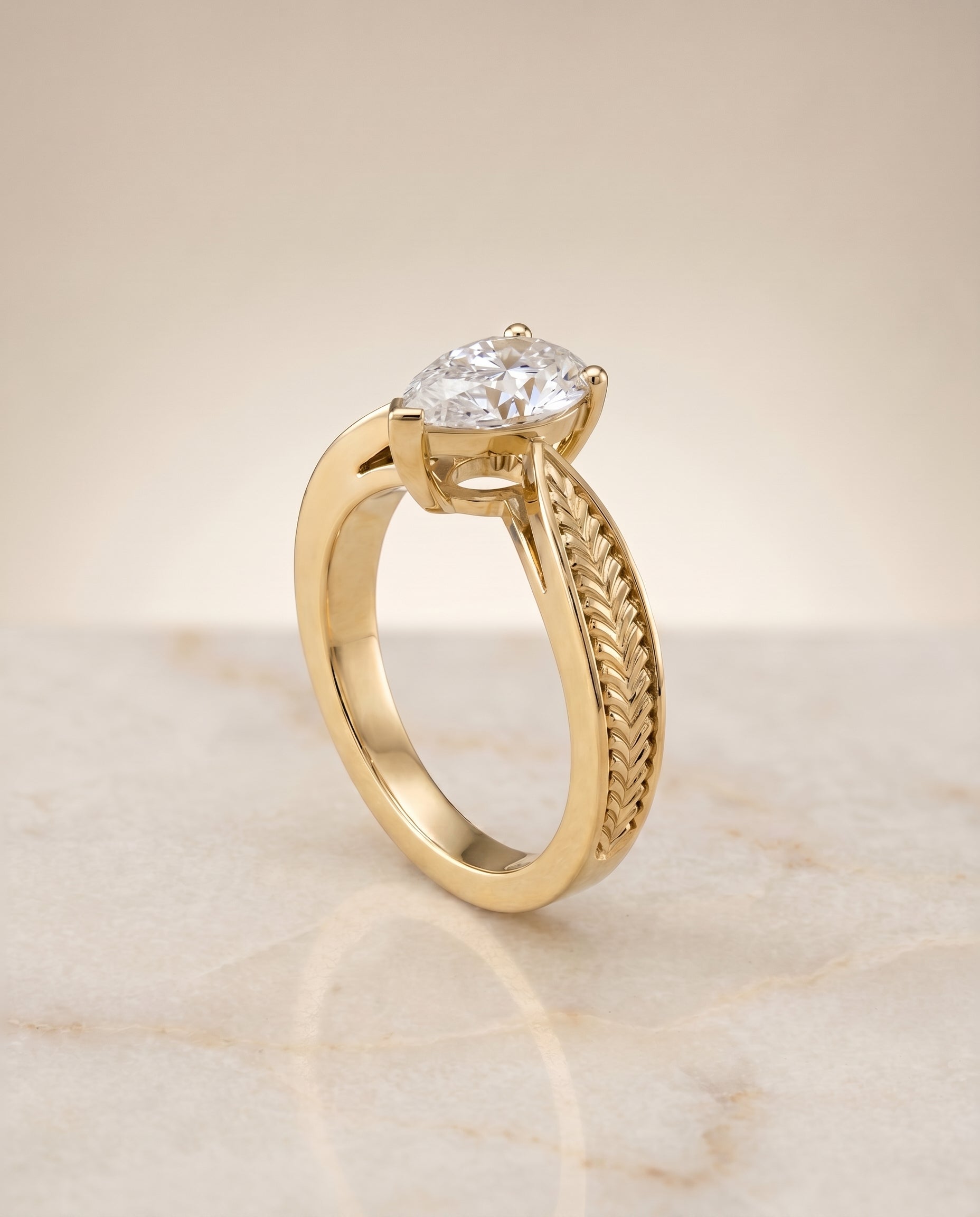Vintage Leaf Pattern Solitaire styling on The Roberta pear engagement ring setting | RockHer