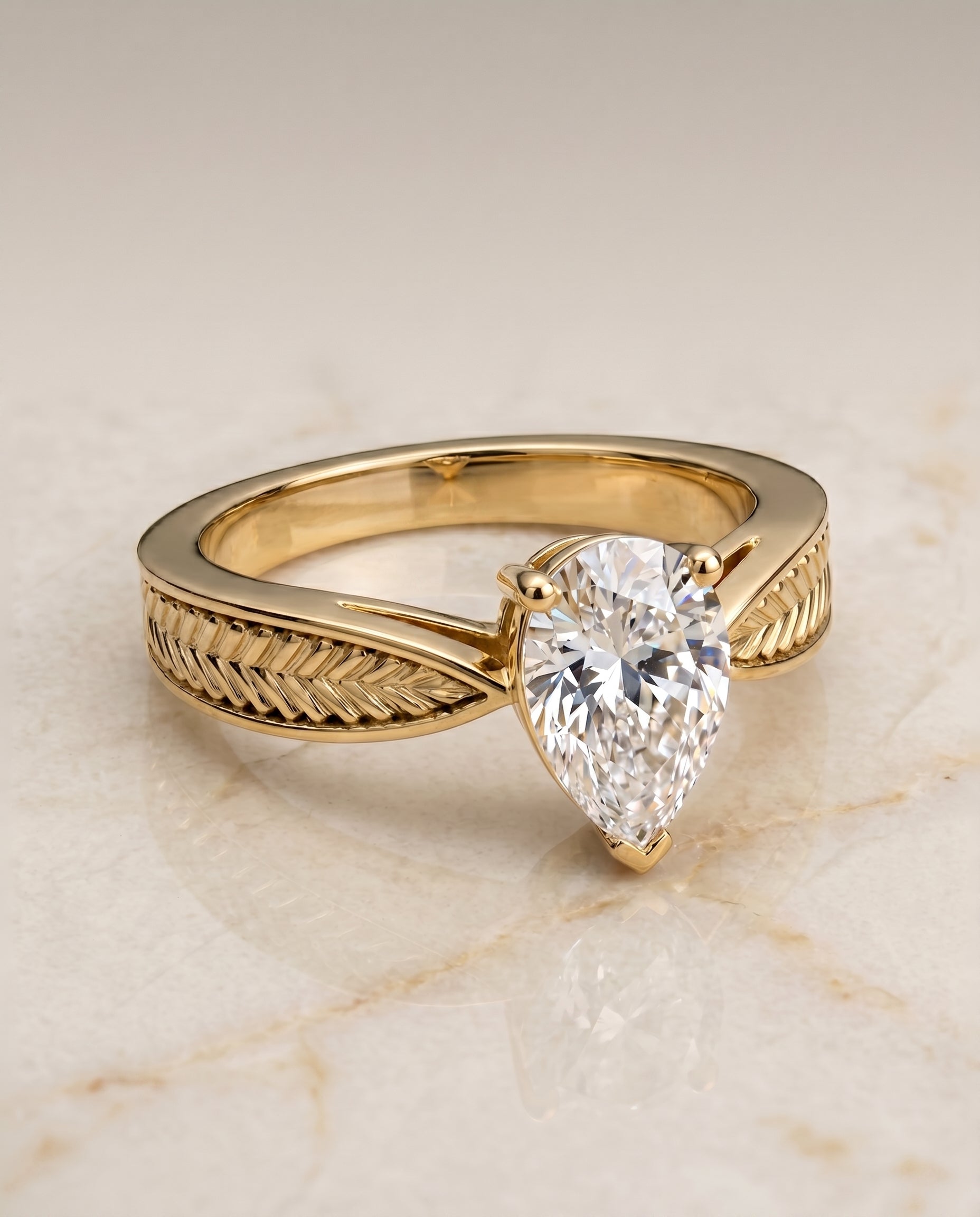 The Roberta Vintage Leaf Pattern Solitaire Pear Engagement Ring Setting in 18K Yellow Gold