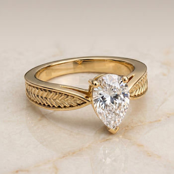 The Roberta Vintage Leaf Pattern Solitaire Pear Engagement Ring Setting in 18K Yellow Gold