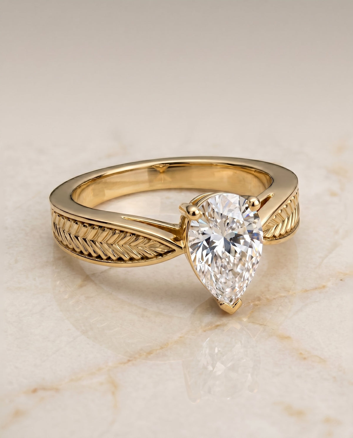 Roberta Select Solitaire Pear Lab Diamond Engagement Ring in 18K Yellow Gold, shown on hand, angled | RockHer