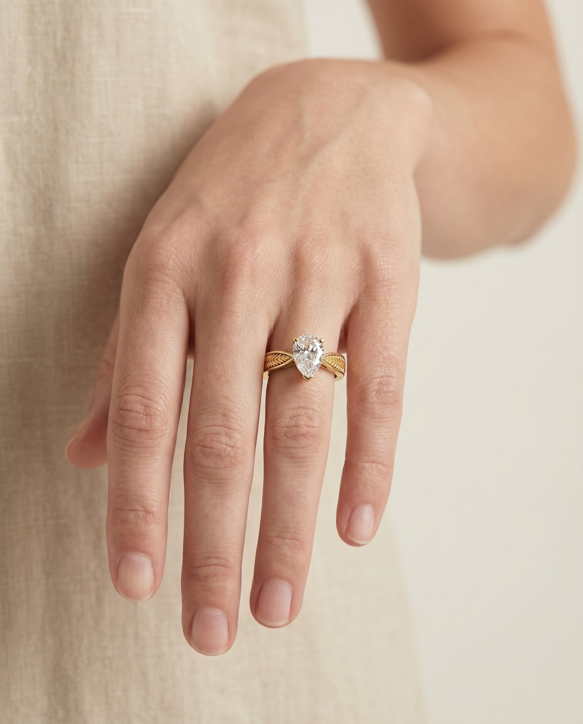 The Roberta engagement ring setting in 18K Yellow Gold, vintage leaf pattern solitaire design | RockHer