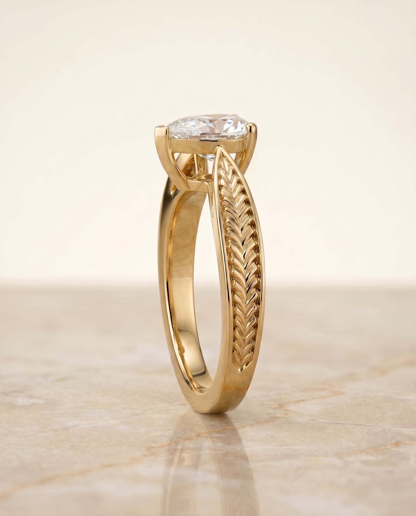 The Roberta Vintage Leaf Pattern Solitaire Pear Engagement Ring Setting in 18K Yellow Gold