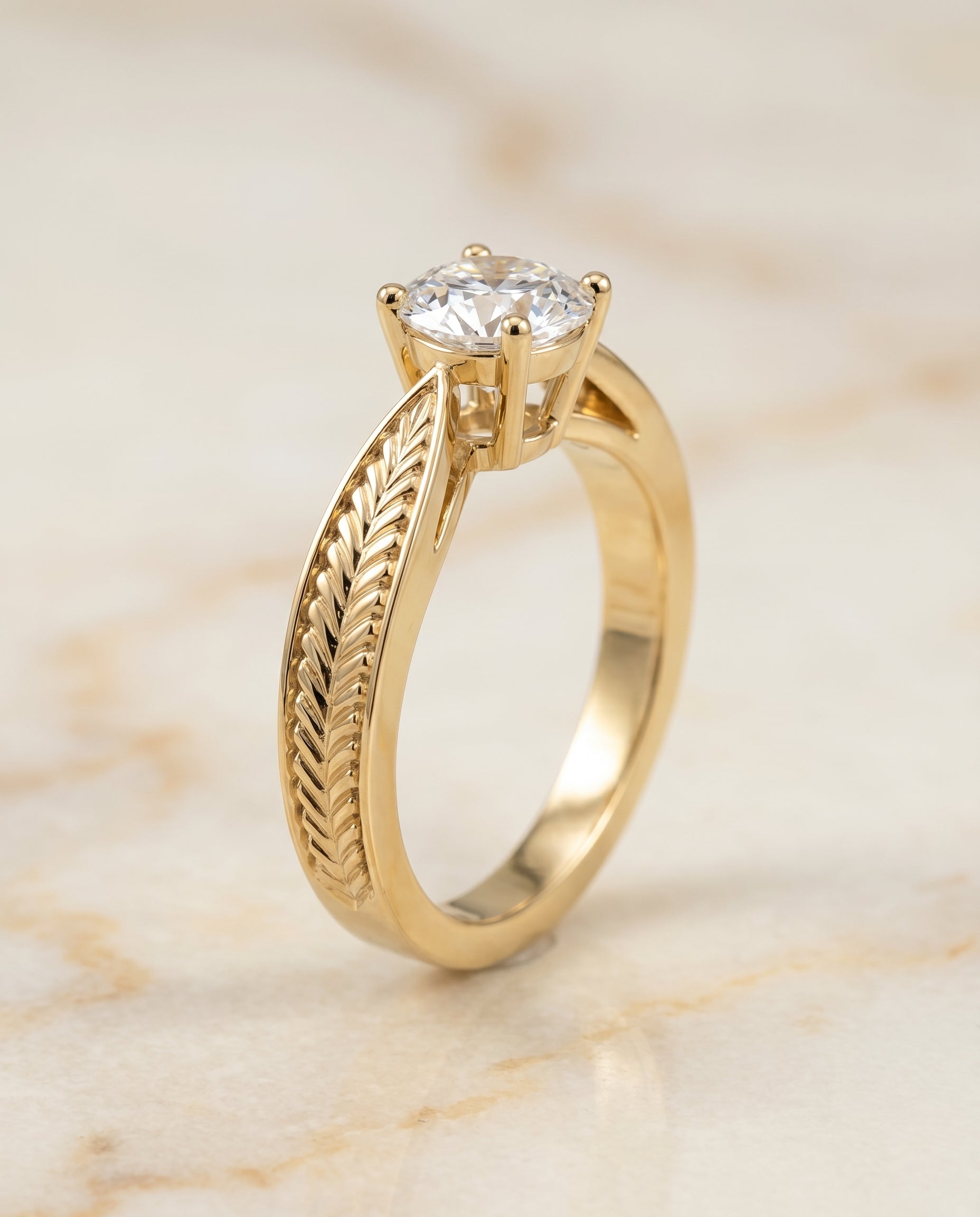 Vintage Leaf Pattern Solitaire styling on The Roberta round engagement ring setting | RockHer