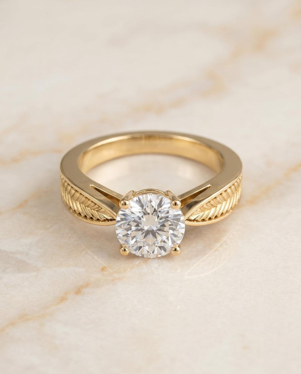 Roberta Select Solitaire Round Lab Diamond Engagement Ring in 18K Yellow Gold, shown on hand, angled | RockHer