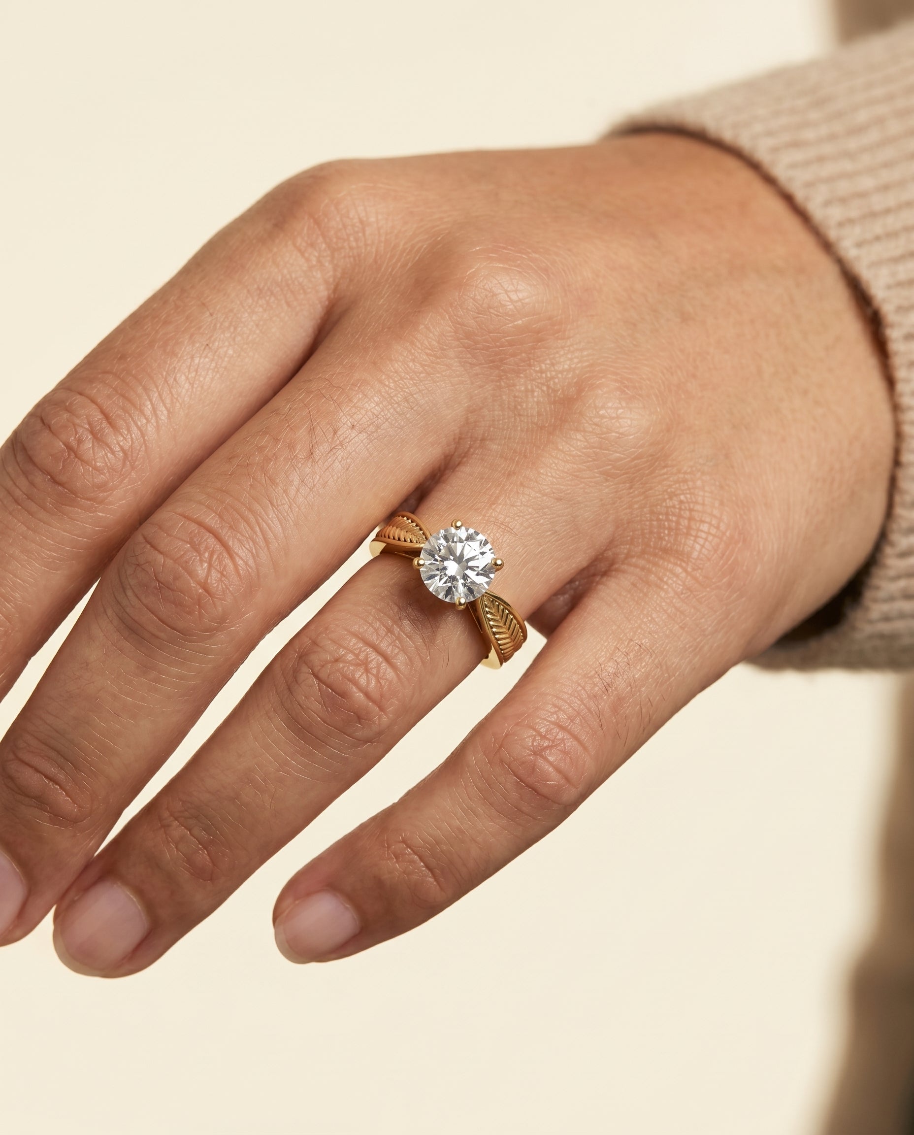 The Roberta engagement ring setting in 18K Yellow Gold, vintage leaf pattern solitaire design | RockHer