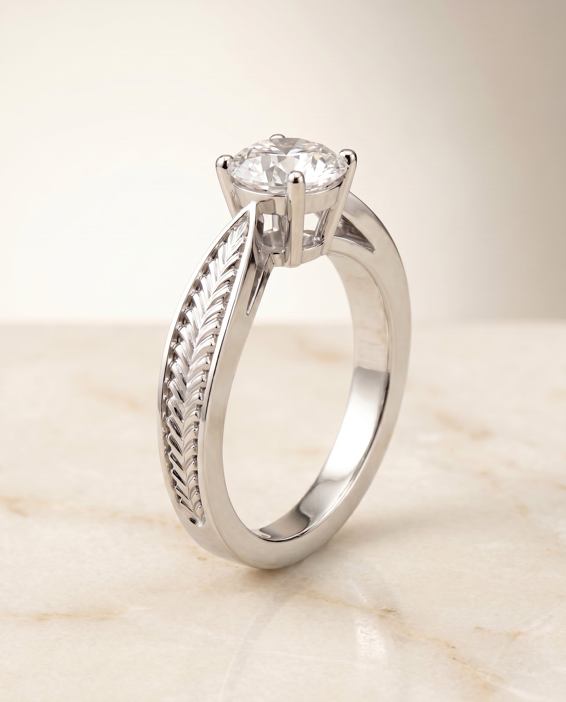 Vintage Leaf Pattern Solitaire styling on The Roberta round engagement ring setting | RockHer