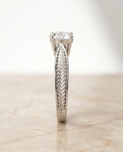 The Roberta Vintage Leaf Pattern Solitaire Round Engagement Ring Setting in Platinum