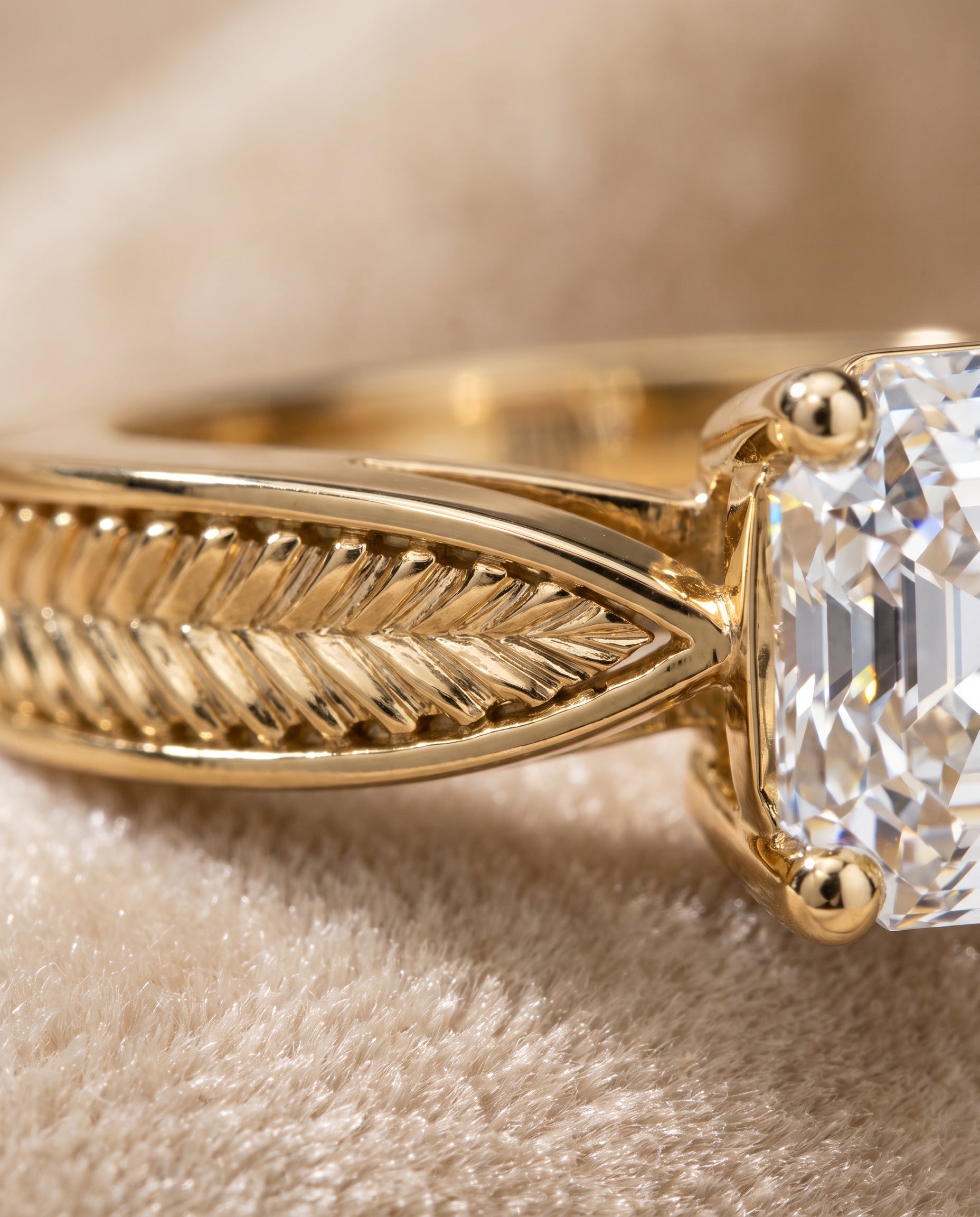 The Roberta Vintage Leaf Pattern Solitaire Asscher Cut Engagement Ring Setting in 18K Yellow Gold