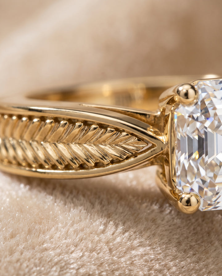 The Roberta Vintage Leaf Pattern Solitaire Asscher Cut Engagement Ring Setting in 18K Yellow Gold