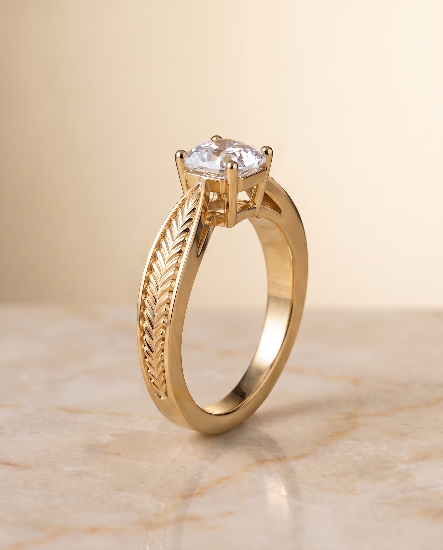 The Roberta Vintage Leaf Pattern Solitaire Asscher Cut Engagement Ring Setting in 18K Yellow Gold