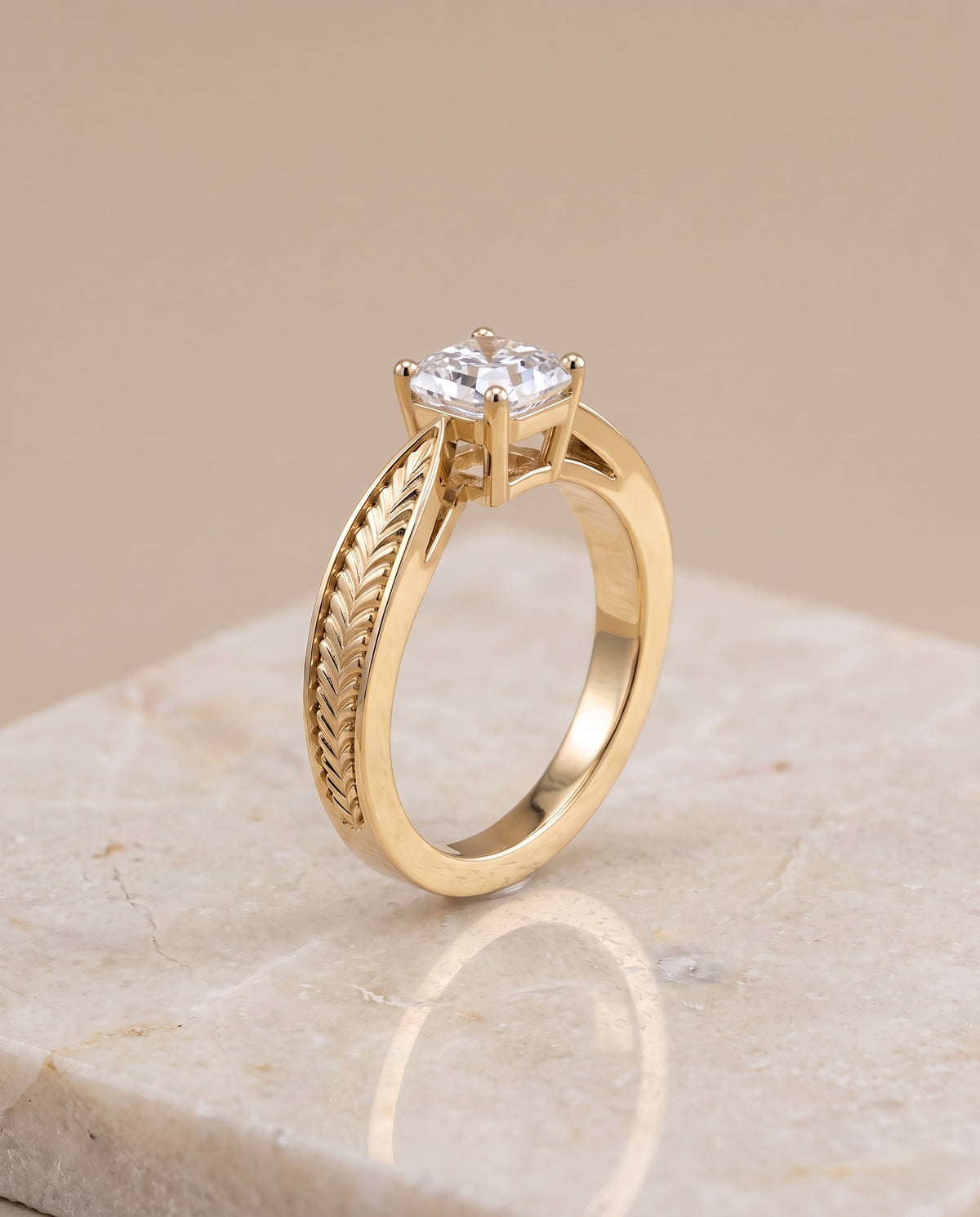 The Roberta Vintage Leaf Pattern Solitaire Asscher Cut Engagement Ring Setting in 18K Yellow Gold