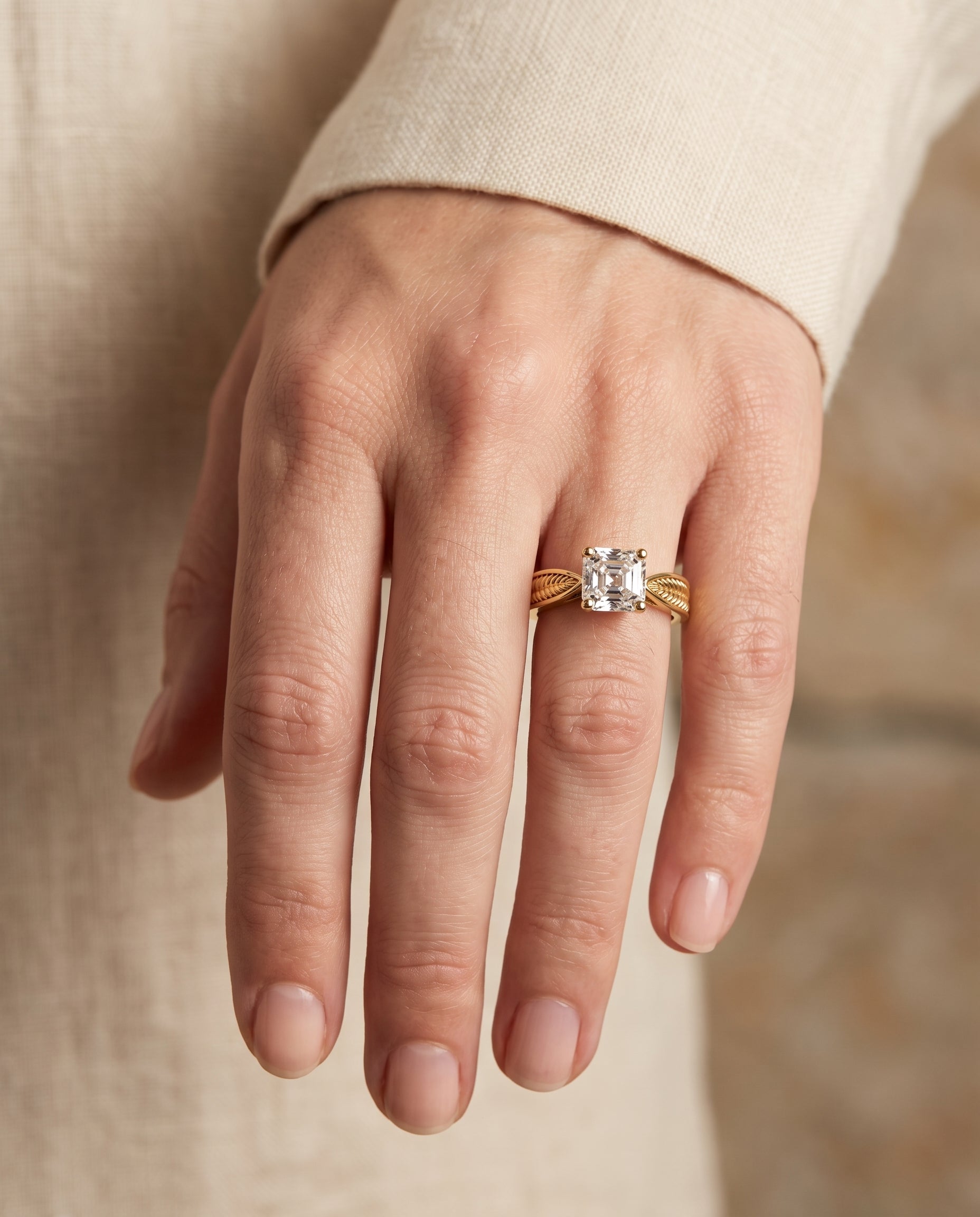 The Roberta Vintage Leaf Pattern Solitaire Asscher Cut Engagement Ring Setting in 18K Yellow Gold