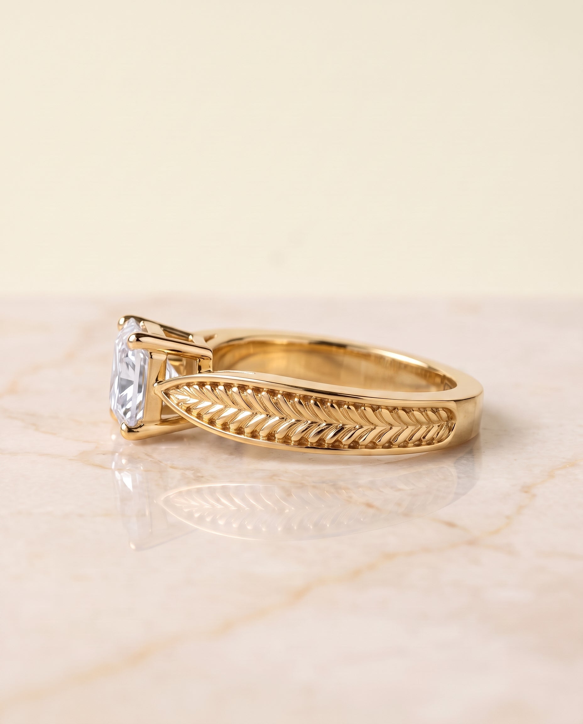 The Roberta Vintage Leaf Pattern Solitaire Asscher Cut Engagement Ring Setting in 18K Yellow Gold