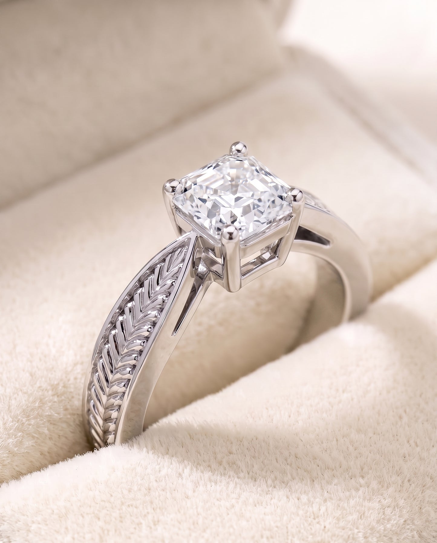 The Roberta Vintage Leaf Pattern Solitaire Asscher Cut Engagement Ring Setting in Platinum