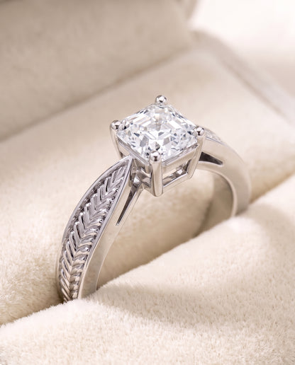 The Roberta Vintage Leaf Pattern Solitaire Asscher Cut Engagement Ring Setting in Platinum
