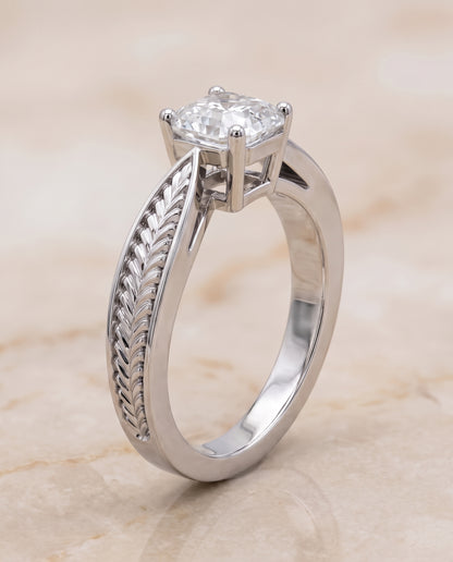 The Roberta Vintage Leaf Pattern Solitaire Asscher Cut Engagement Ring Setting in Platinum
