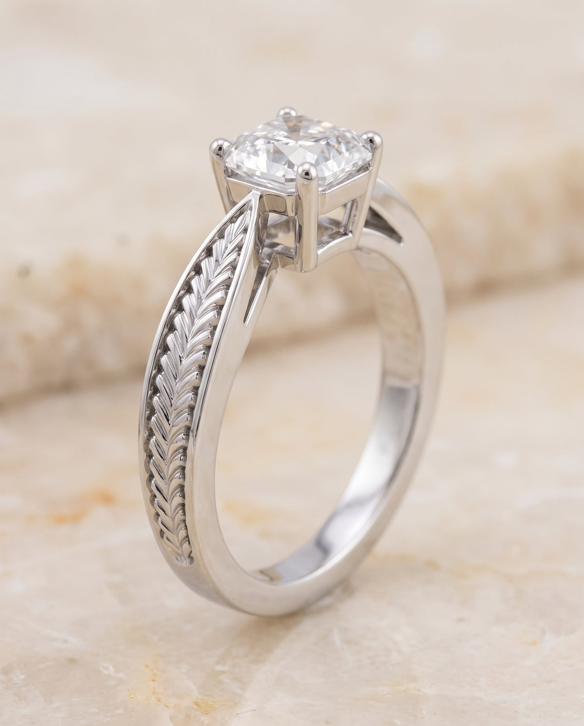 The Roberta Vintage Leaf Pattern Solitaire Asscher Cut Engagement Ring Setting in Platinum