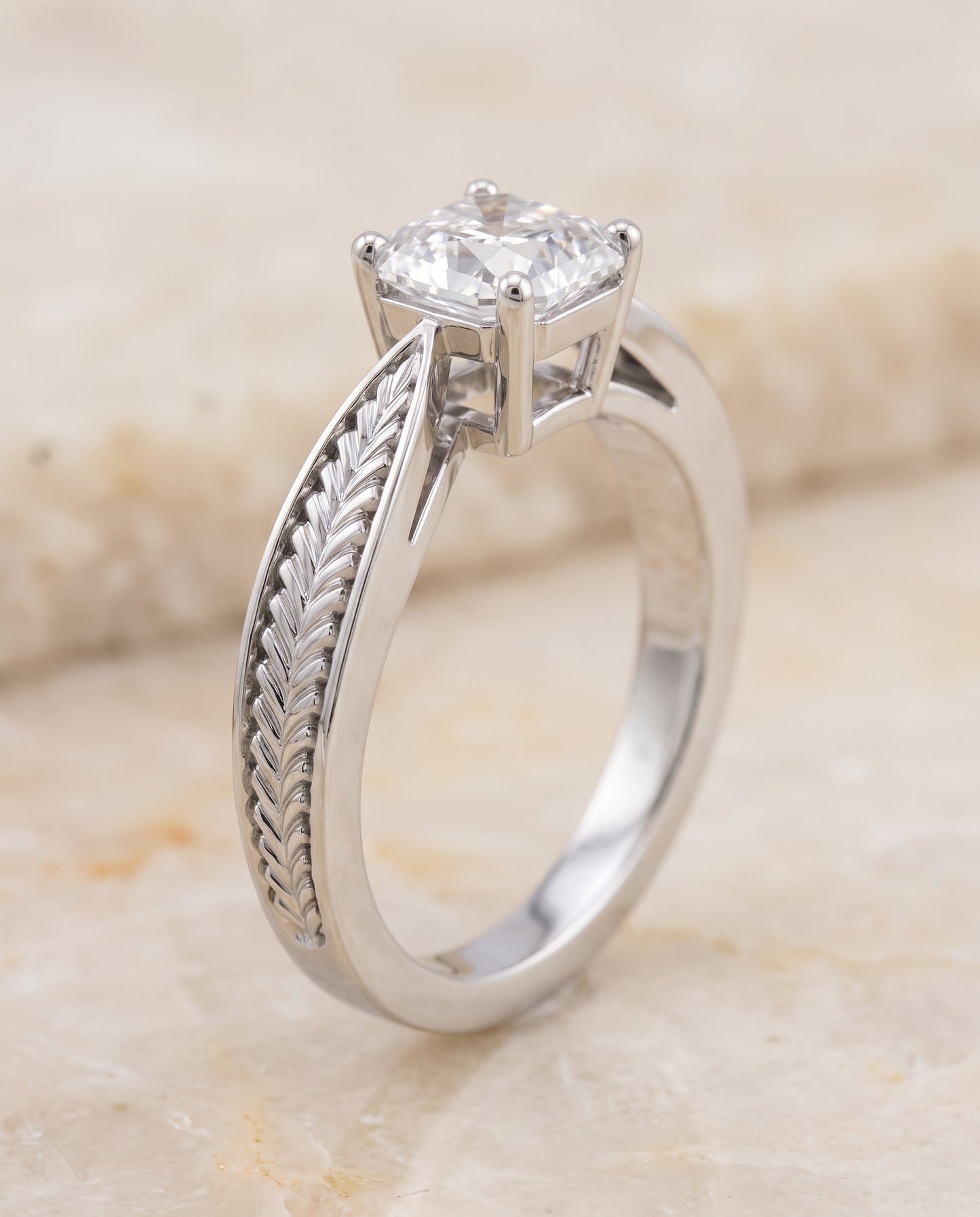 The Roberta Vintage Leaf Pattern Solitaire Asscher Cut Engagement Ring Setting in Platinum