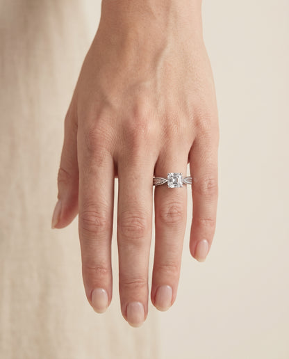 The Roberta Vintage Leaf Pattern Solitaire Asscher Cut Engagement Ring Setting in Platinum