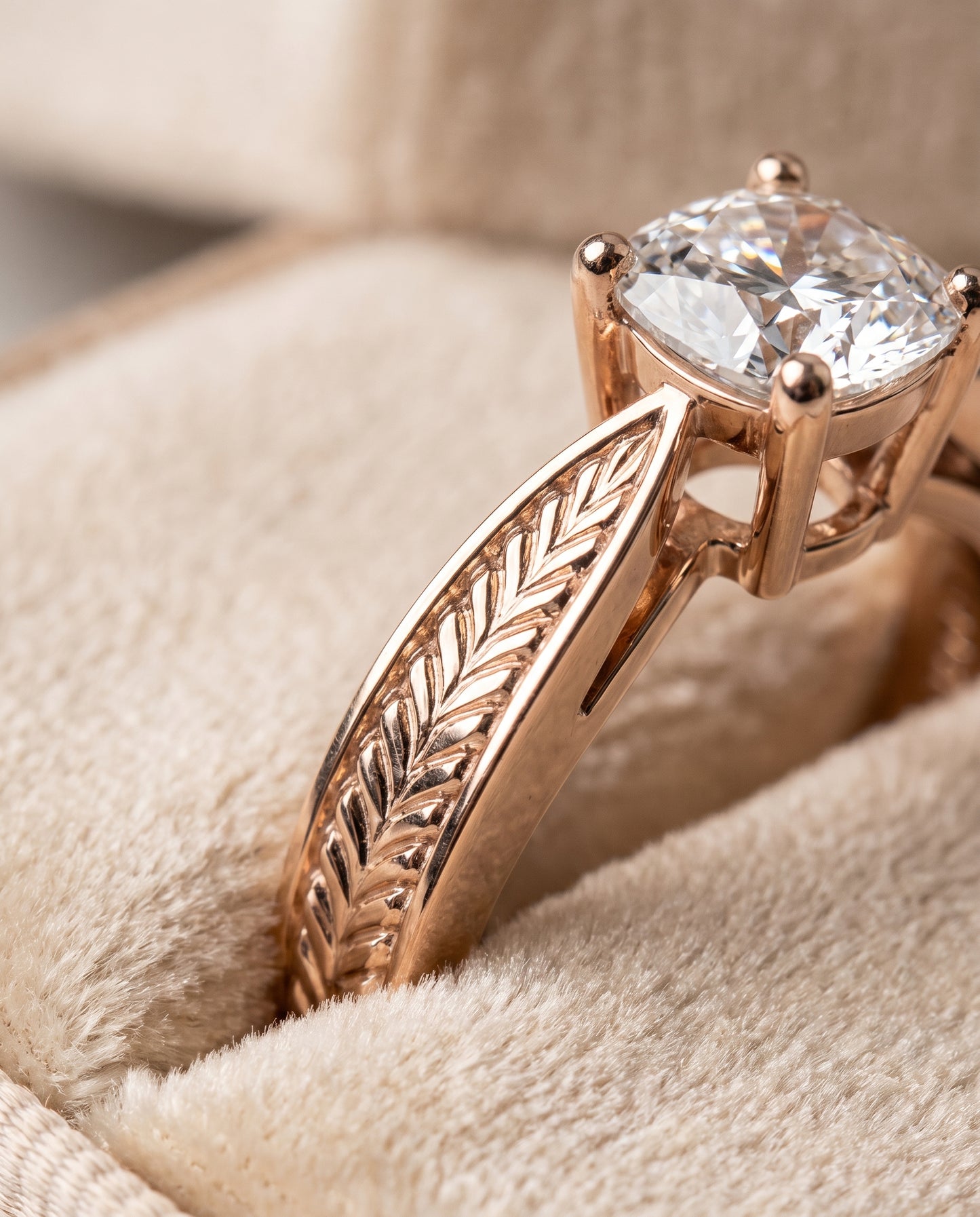 The Roberta Vintage Leaf Pattern Solitaire Cushion Cut Engagement Ring Setting in 14K Rose Gold