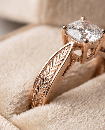 The Roberta Vintage Leaf Pattern Solitaire Cushion Cut Engagement Ring Setting in 14K Rose Gold