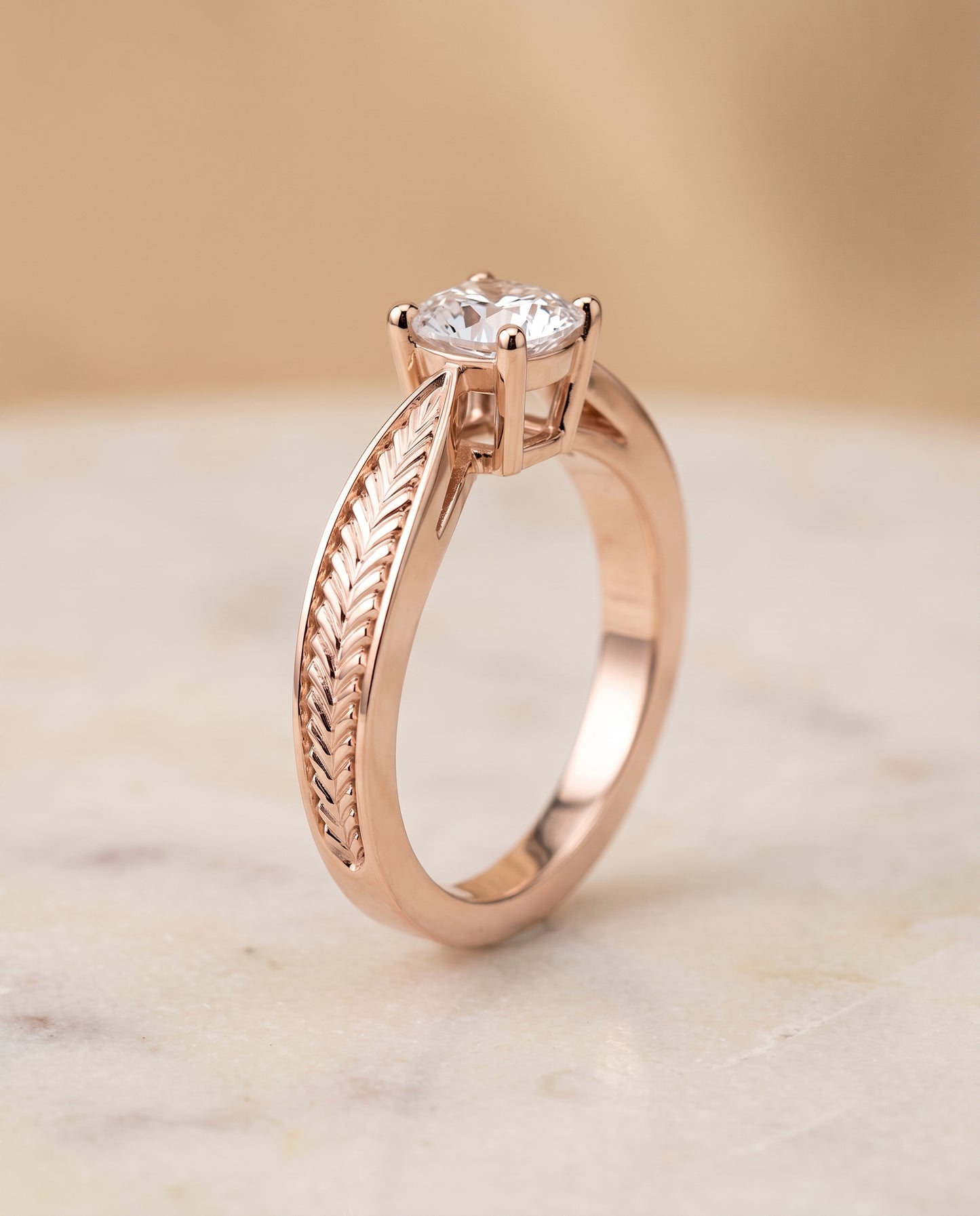 The Roberta Vintage Leaf Pattern Solitaire Cushion Cut Engagement Ring Setting in 14K Rose Gold