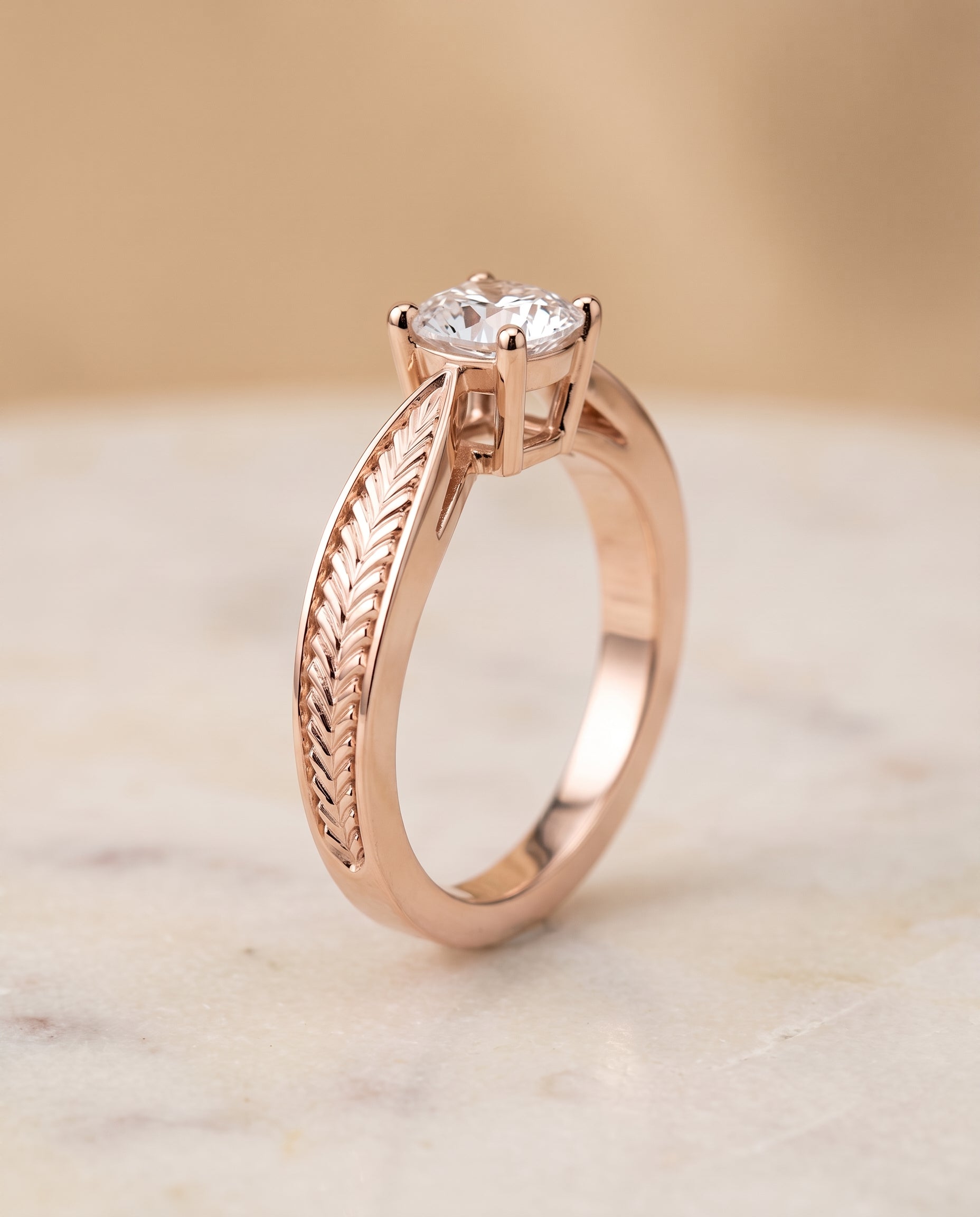 The Roberta Vintage Leaf Pattern Solitaire Cushion Cut Engagement Ring Setting in 14K Rose Gold