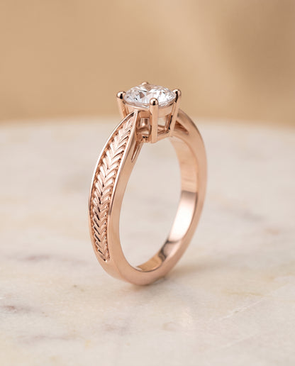 The Roberta Vintage Leaf Pattern Solitaire Cushion Cut Engagement Ring Setting in 14K Rose Gold