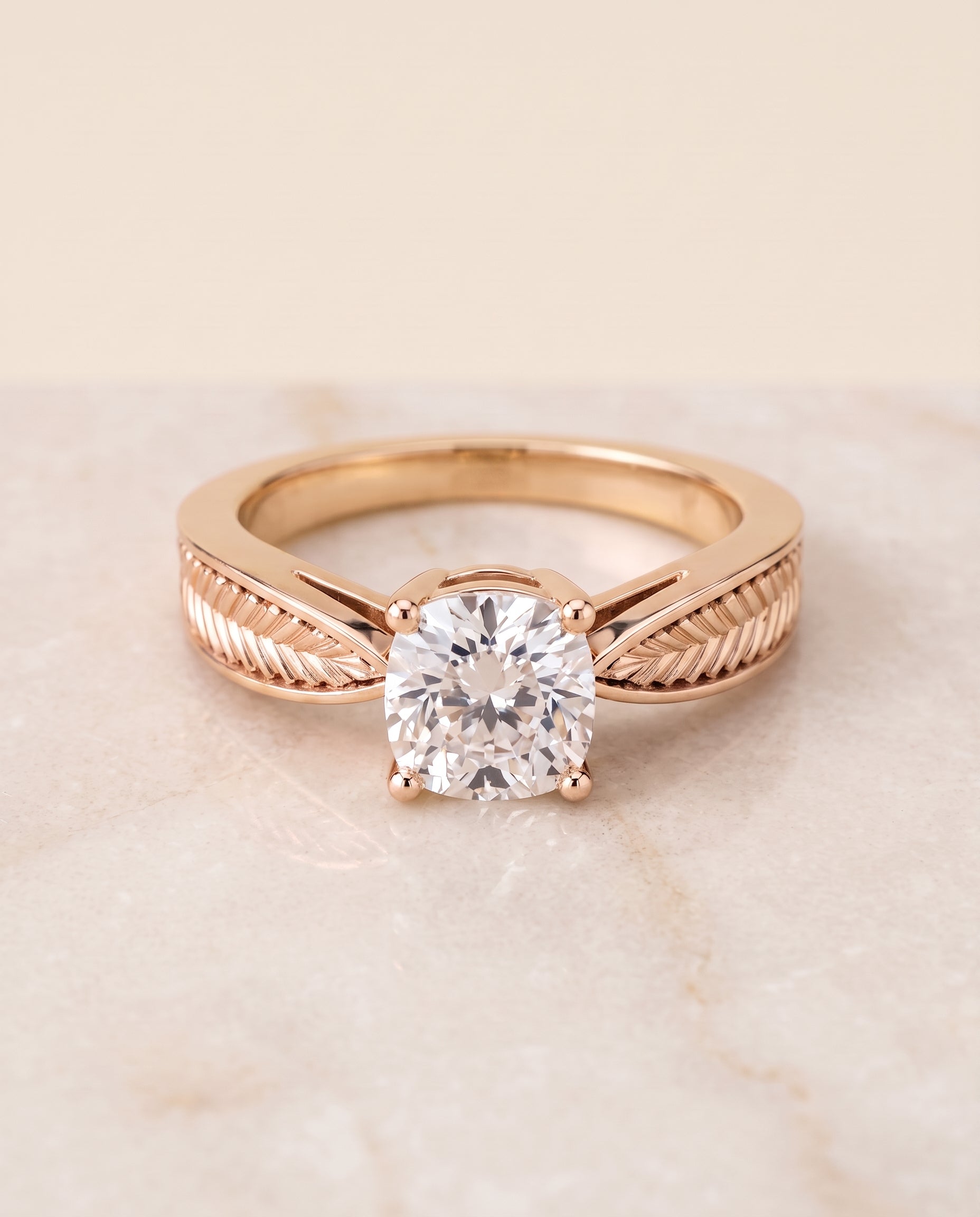 The Roberta Vintage Leaf Pattern Solitaire Cushion Cut Engagement Ring Setting in 14K Rose Gold