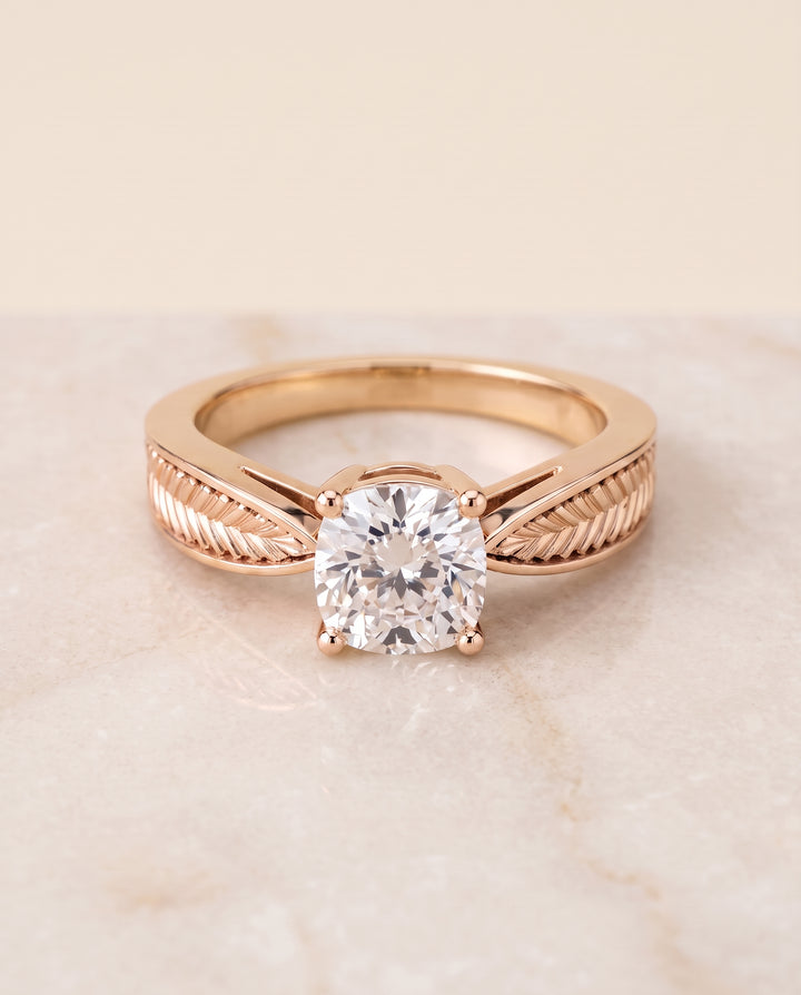 The Roberta Vintage Leaf Pattern Solitaire Cushion Cut Engagement Ring Setting in 14K Rose Gold