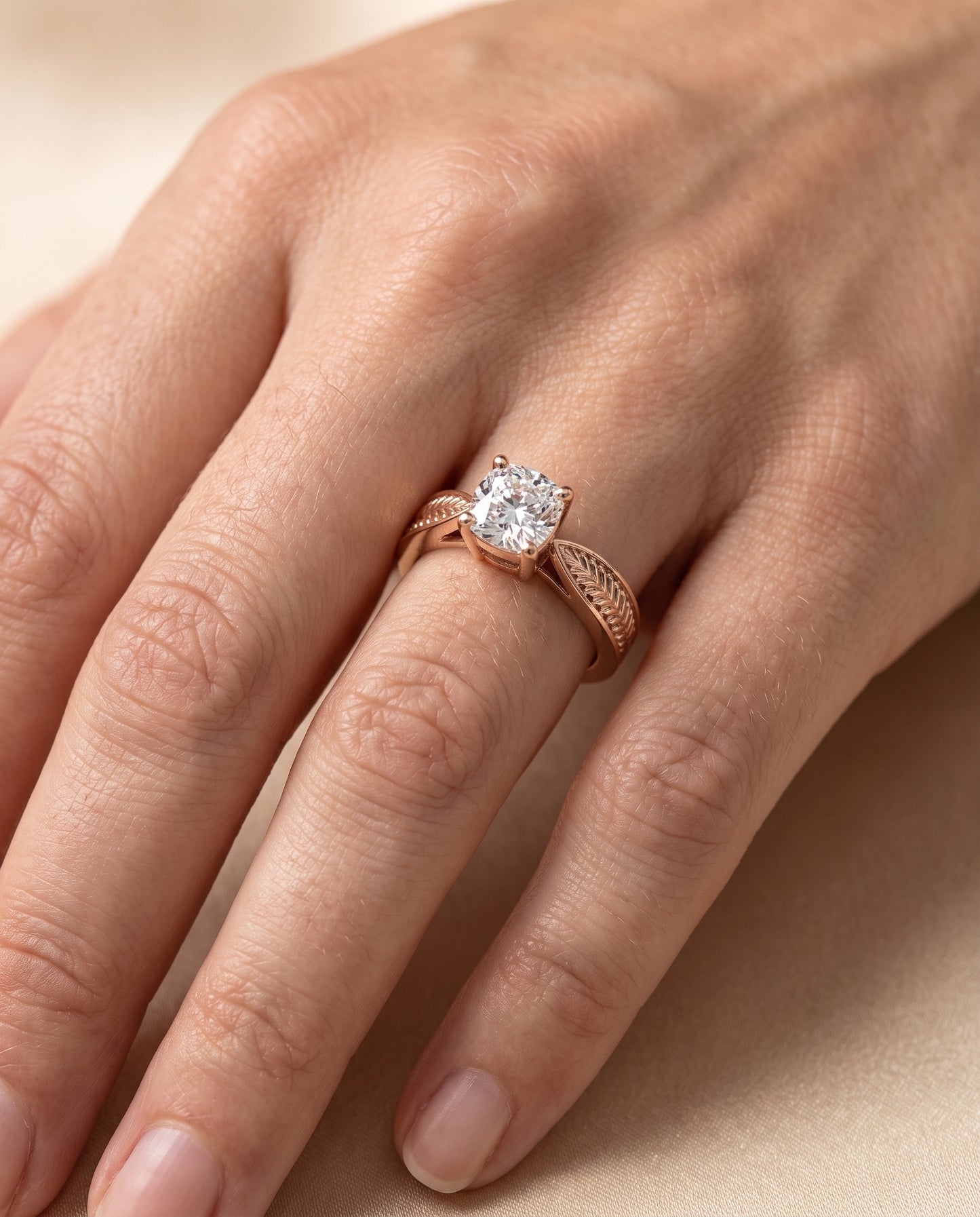 The Roberta Vintage Leaf Pattern Solitaire Cushion Cut Engagement Ring Setting in 14K Rose Gold