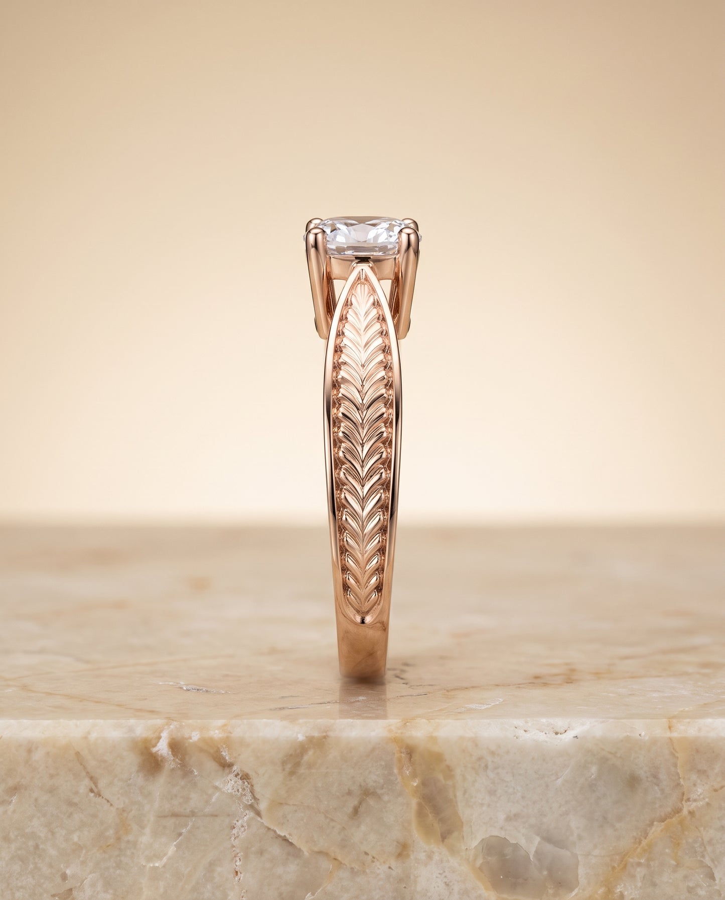 The Roberta Vintage Leaf Pattern Solitaire Cushion Cut Engagement Ring Setting in 14K Rose Gold