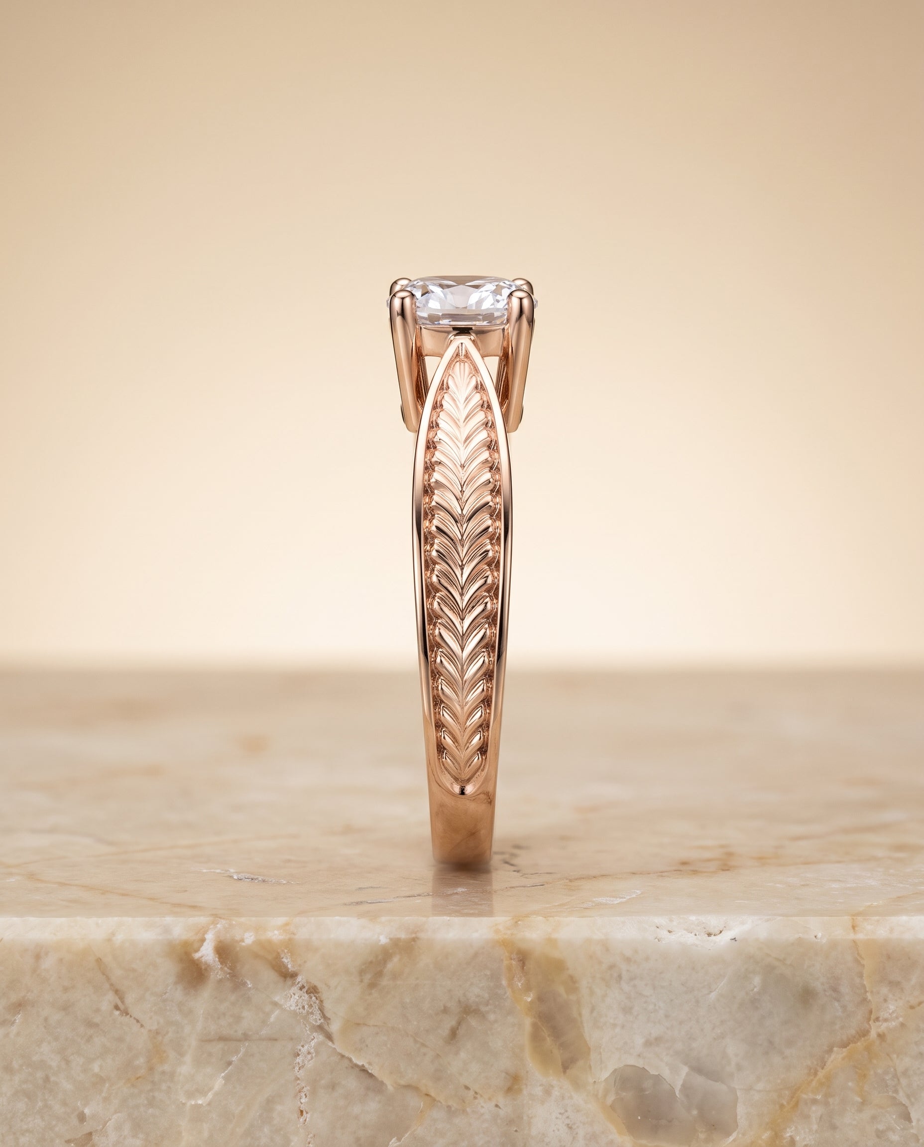 The Roberta Vintage Leaf Pattern Solitaire Cushion Cut Engagement Ring Setting in 14K Rose Gold