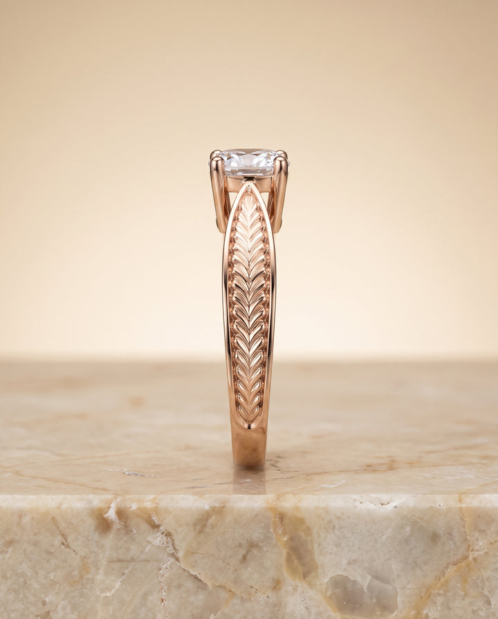 The Roberta Vintage Leaf Pattern Solitaire Cushion Cut Engagement Ring Setting in 14K Rose Gold