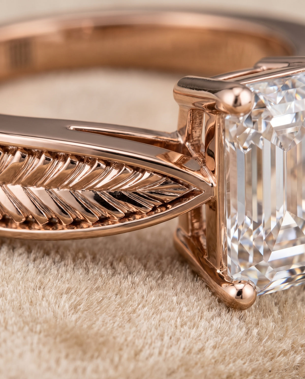 The Roberta Vintage Leaf Pattern Solitaire Emerald Cut Engagement Ring Setting in 14K Rose Gold