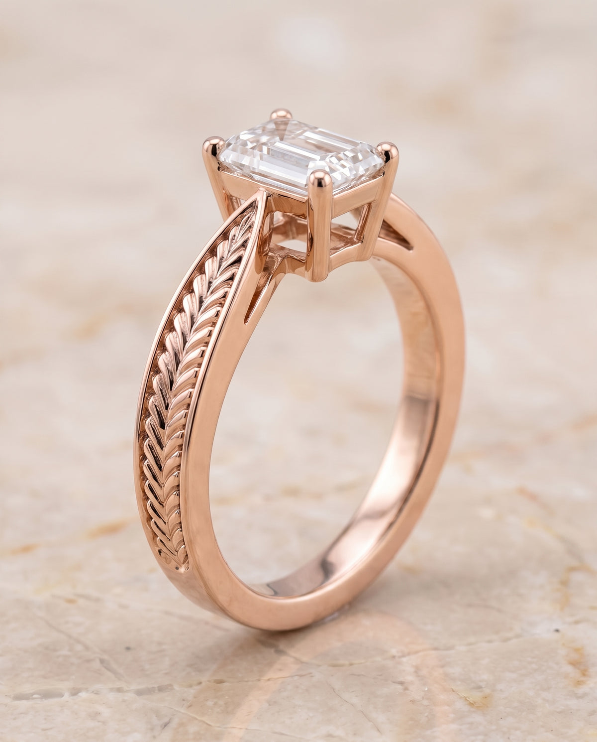 The Roberta Vintage Leaf Pattern Solitaire Emerald Cut Engagement Ring Setting in 14K Rose Gold