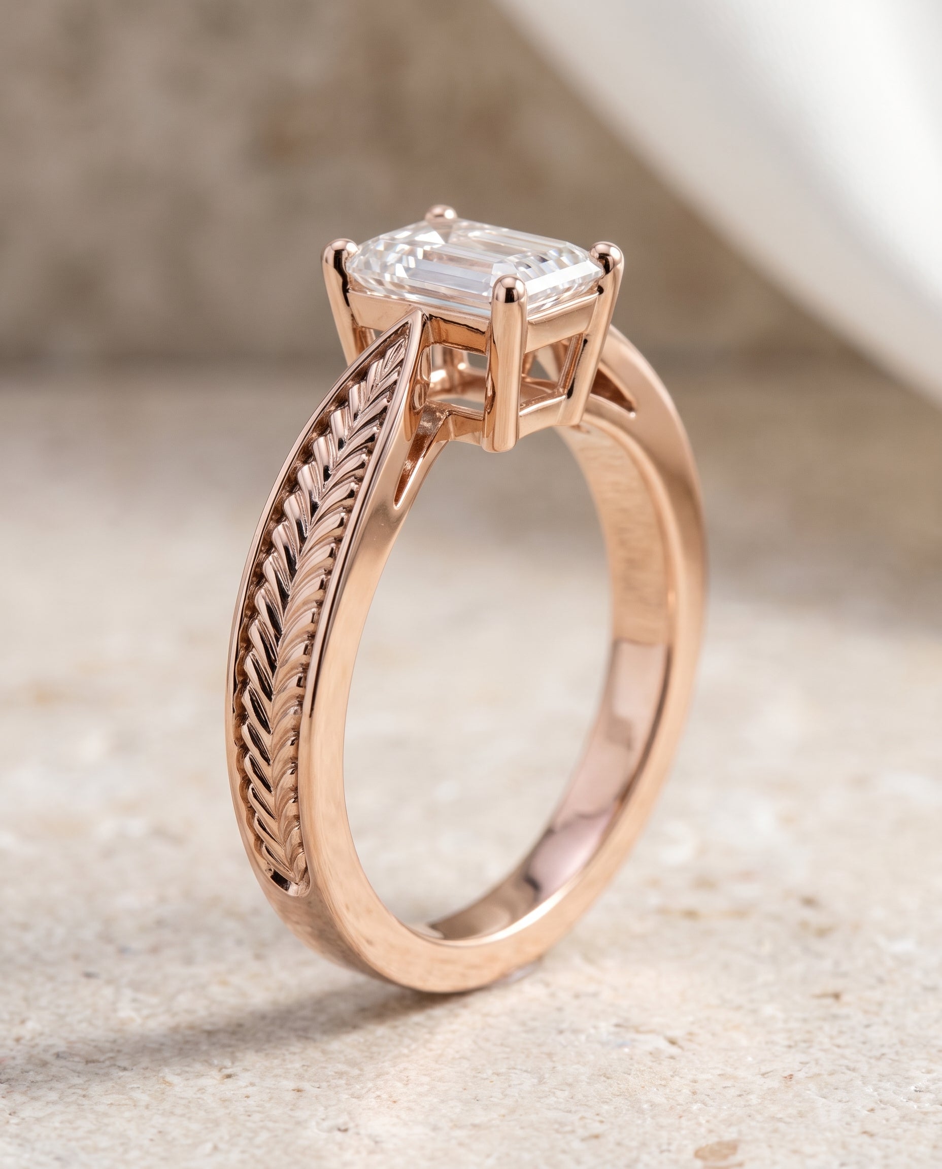 The Roberta Vintage Leaf Pattern Solitaire Emerald Cut Engagement Ring Setting in 14K Rose Gold
