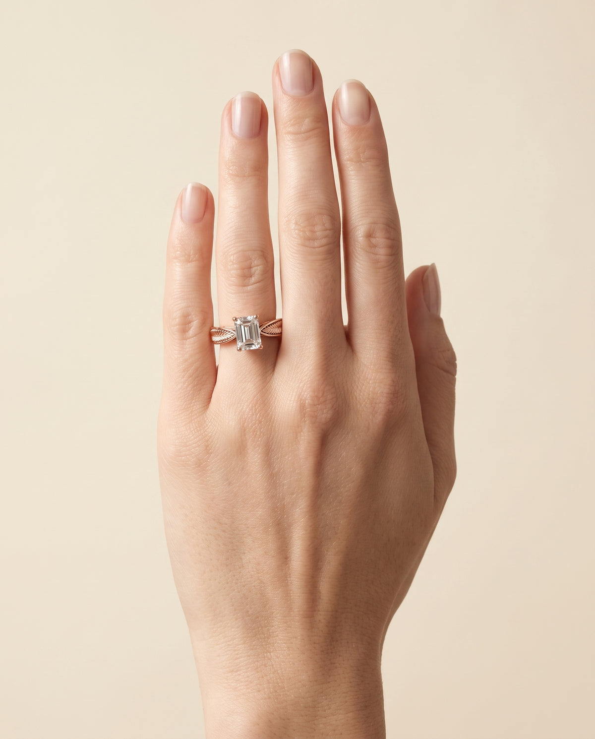 The Roberta Vintage Leaf Pattern Solitaire Emerald Cut Engagement Ring Setting in 14K Rose Gold