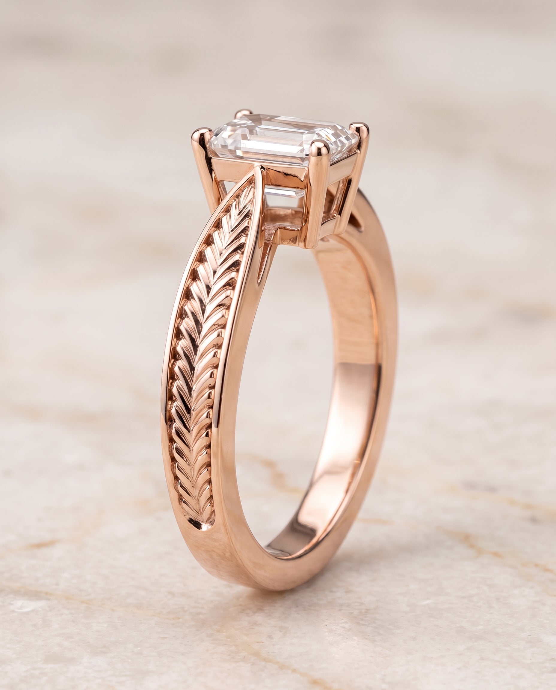The Roberta Vintage Leaf Pattern Solitaire Emerald Cut Engagement Ring Setting in 14K Rose Gold