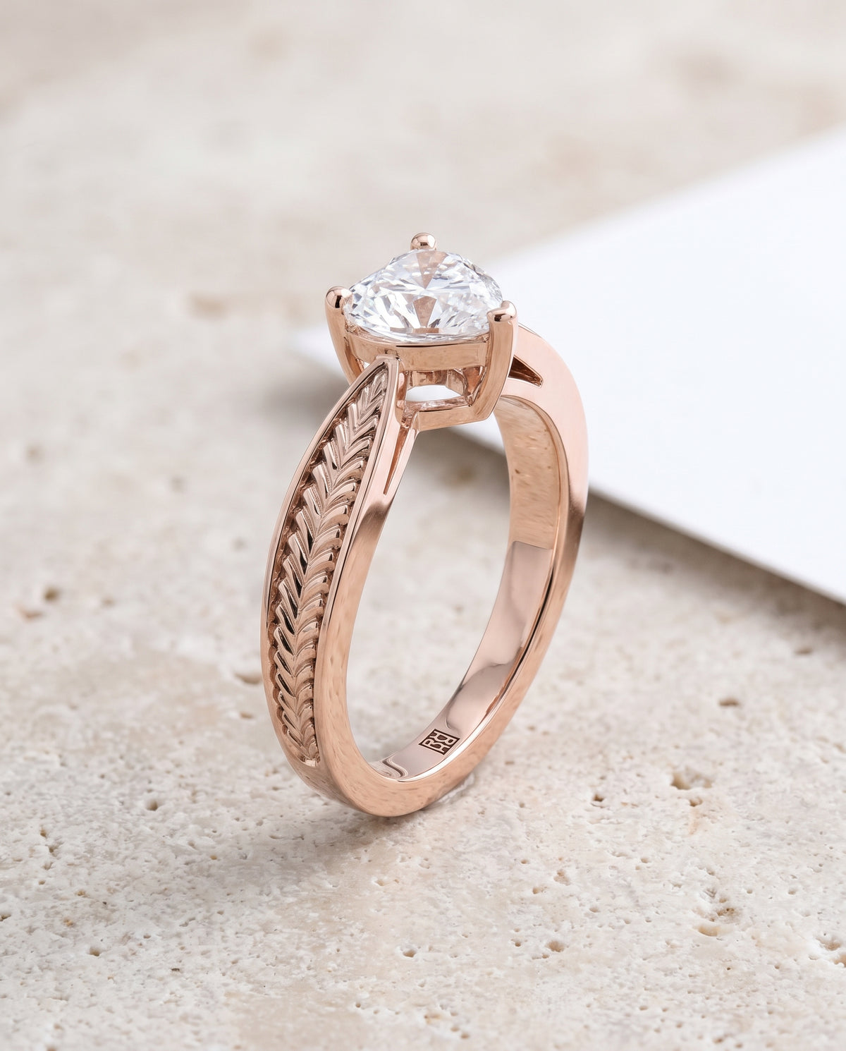 The Roberta Vintage Leaf Pattern Solitaire Heart Engagement Ring Setting in 14K Rose Gold