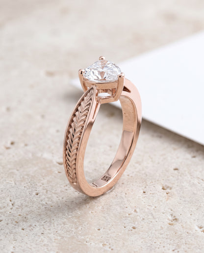 The Roberta Vintage Leaf Pattern Solitaire Heart Engagement Ring Setting in 14K Rose Gold