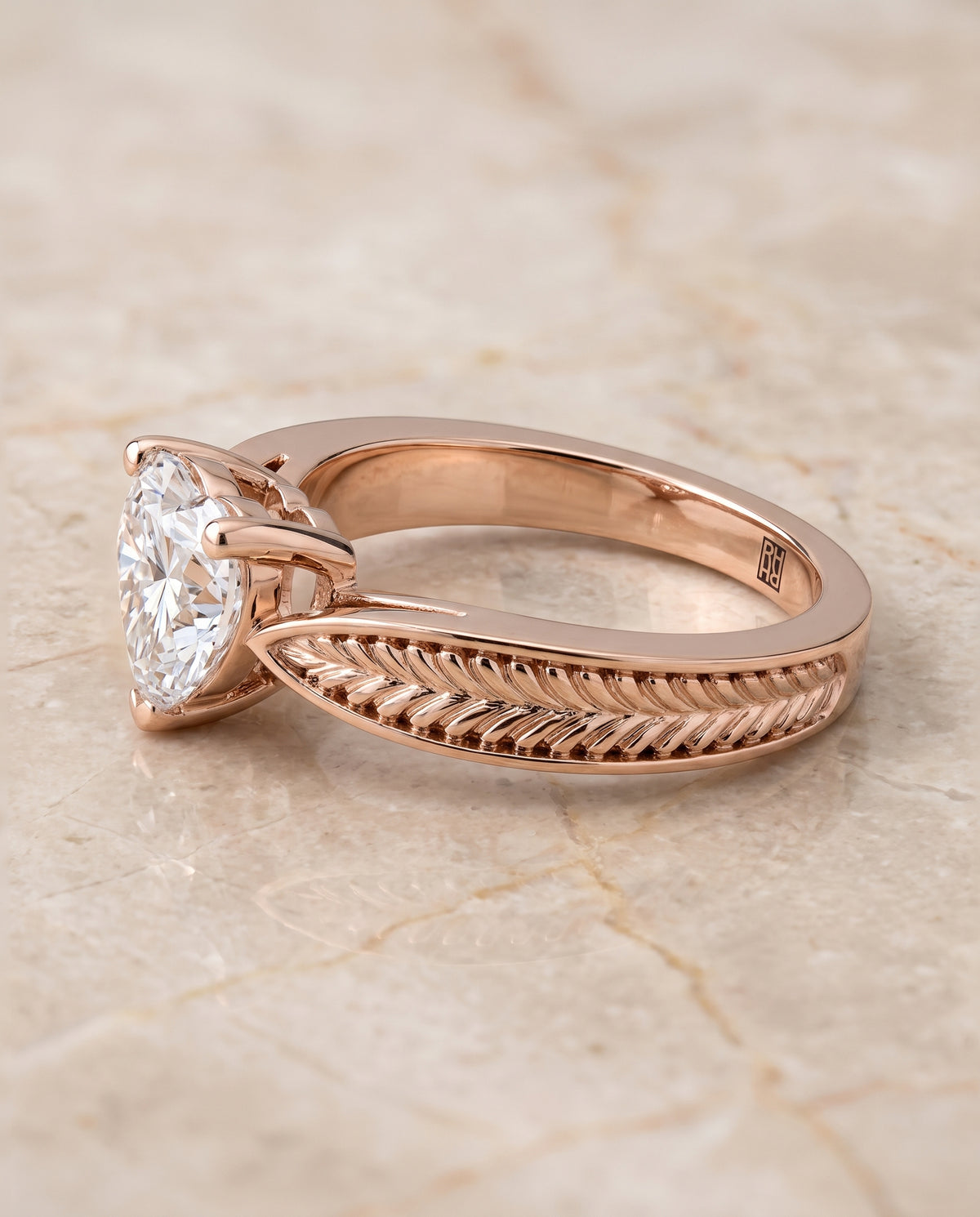 The Roberta Vintage Leaf Pattern Solitaire Heart Engagement Ring Setting in 14K Rose Gold