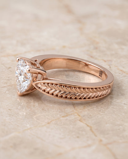 The Roberta Vintage Leaf Pattern Solitaire Heart Engagement Ring Setting in 14K Rose Gold