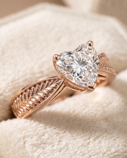 The Roberta Vintage Leaf Pattern Solitaire Heart Engagement Ring Setting in 14K Rose Gold