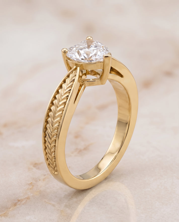 The Roberta Vintage Leaf Pattern Solitaire Heart Engagement Ring Setting in 18K Yellow Gold